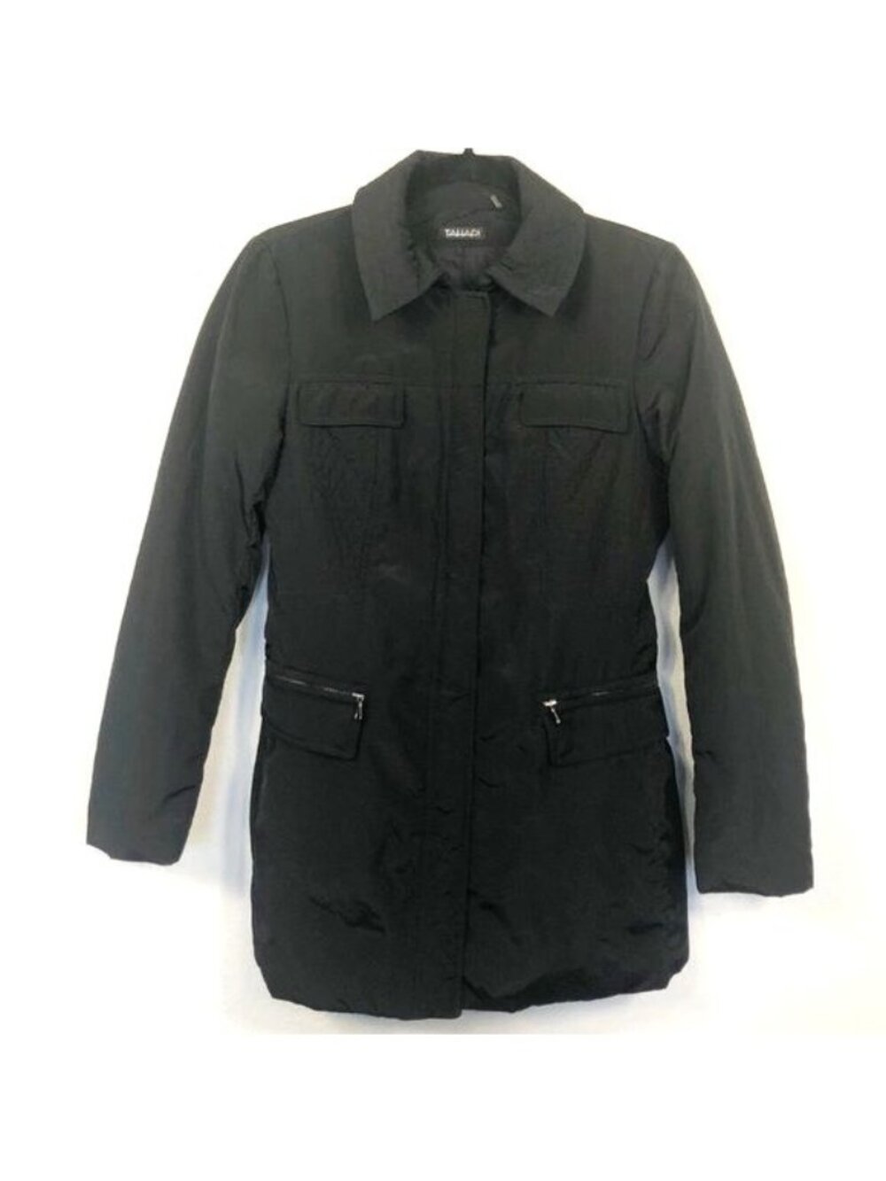 Tahari Black Quilted Jacket Classic Collar Long Sleeve Full Zip Small Outerwear